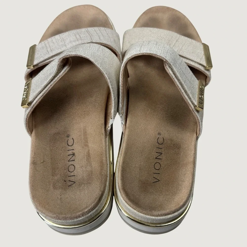 Vionic Brandie Sandals Women 9 Cream Gold Platform Slide Orthotic Comfort Casual